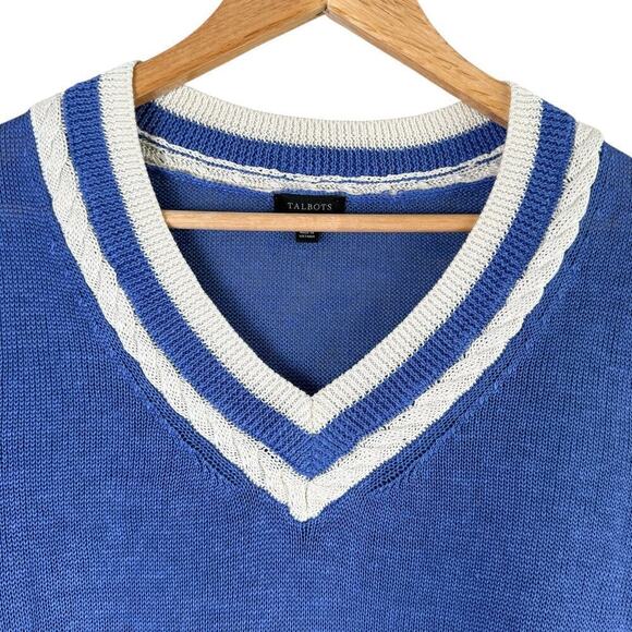 Talbots Linen V-Neck Varsity Style Sweater in Blue‎ and White, Size Medium - Picture 4 of 11